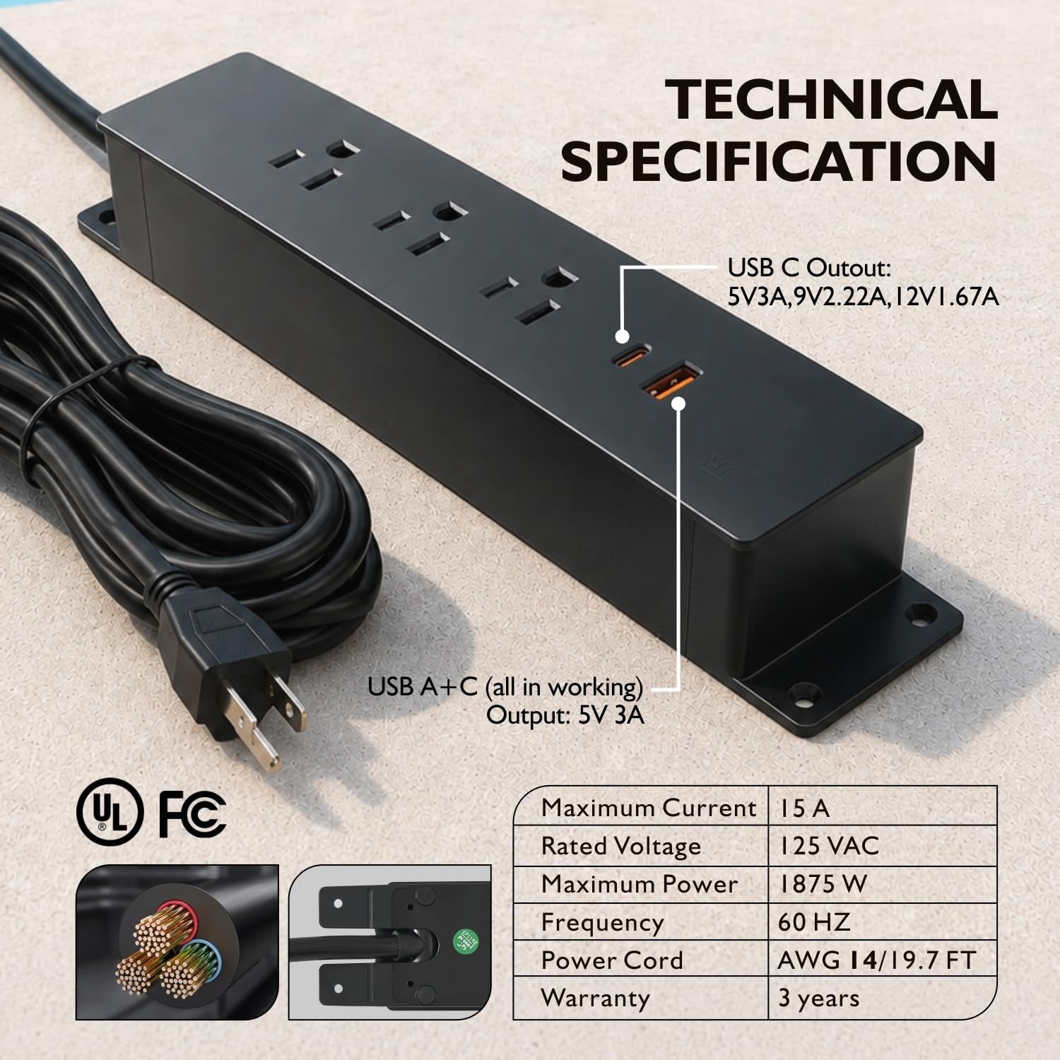 Black rectangular power module with three outlet openings, USB-A and USB-C ports and a coiled power cord beside it.
