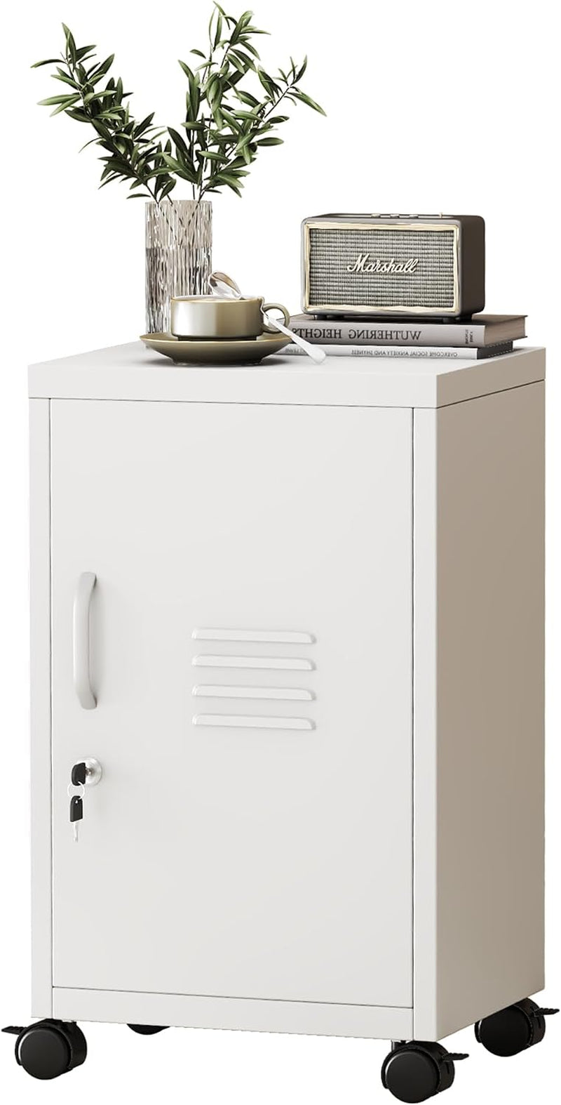 Tall white steel locker on four caster wheels with a locked door and decorative items on top