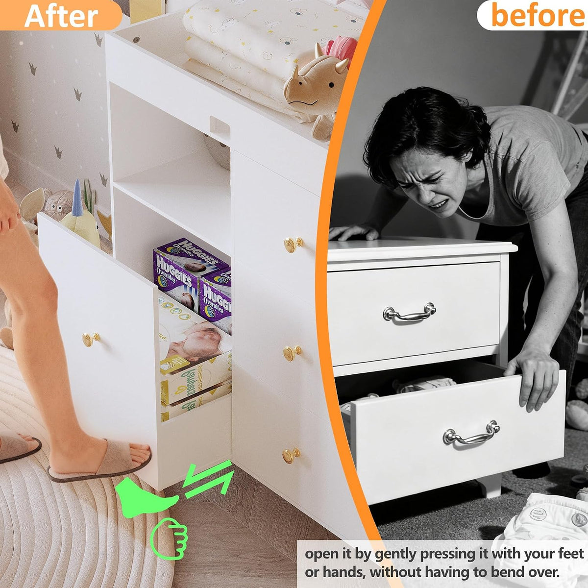 Split before/after image showing a foot-press open drawer on the white changing dresser.