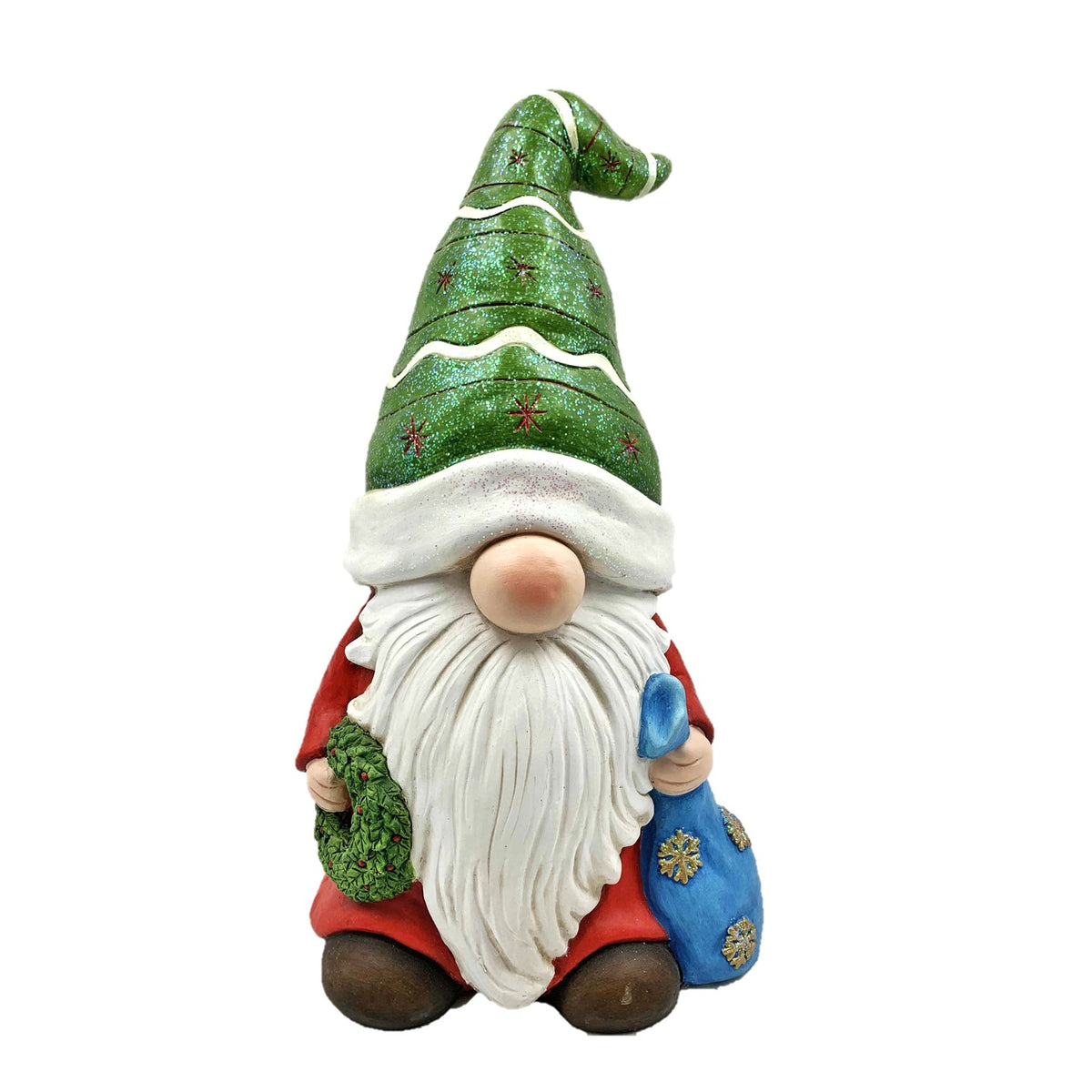 Christmas gnome with a tall green hat, white beard, red coat and blue gift bag.