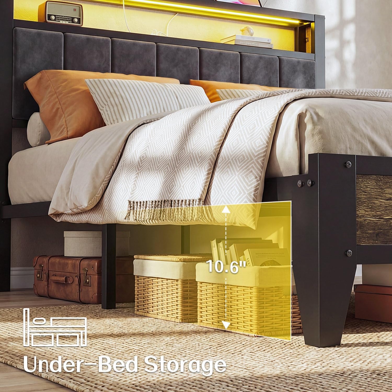 Under-bed view showing 10.6 inch clearance for storage baskets beneath the platform frame