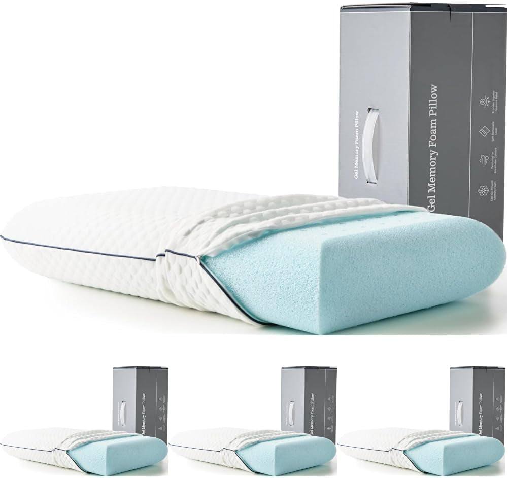 Angled studio shot of a white-quilted pillow with light-blue foam exposed and three small thumbnail copies along the bottom.
