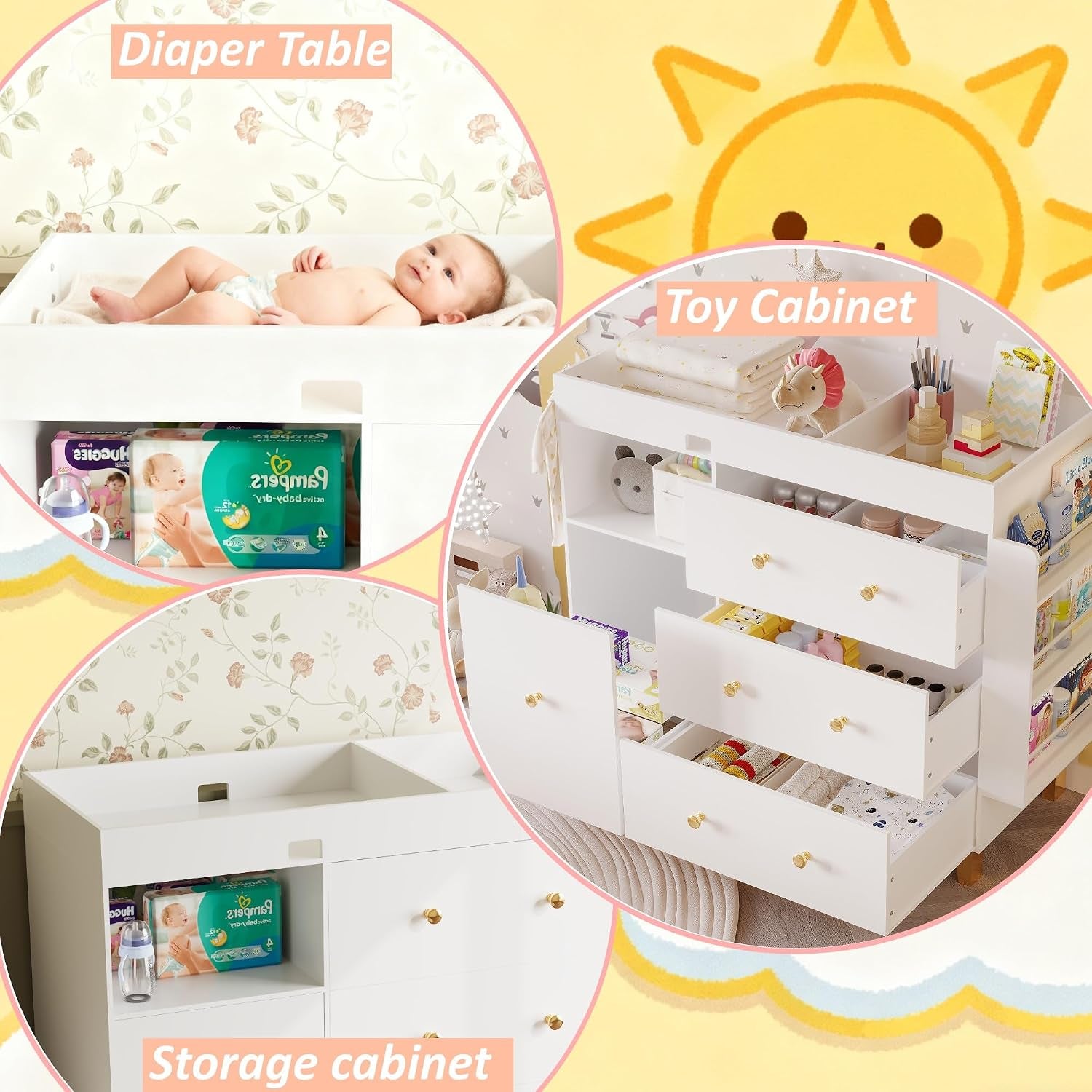Collage showing the unit used as a diaper table, toy cabinet and storage cabinet with drawers open.