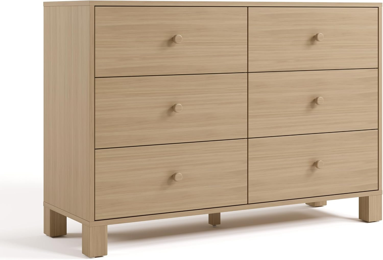 Front view of a six-drawer dresser in natural driftwood finish with matching round knobs.