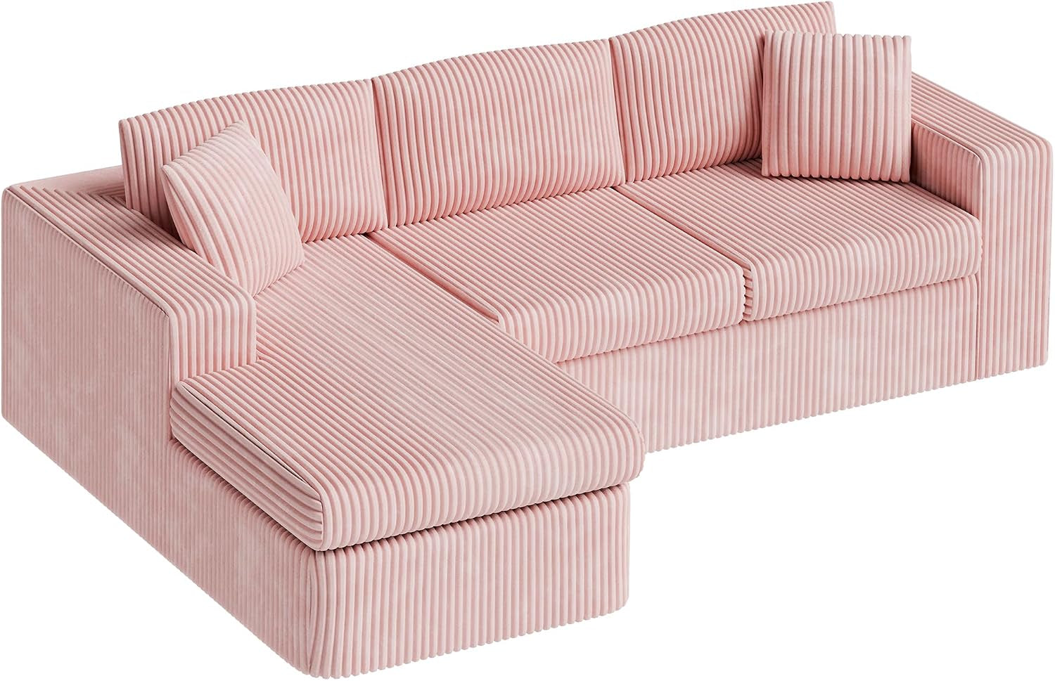 105" Boneless Couches for Living Room, Sectional Couches Modular Sofa with L-Shaped Chaise, Memory Foam Comfy Cloud Couch with Plush Corduroy Fabric, No Assembly Required, Pink