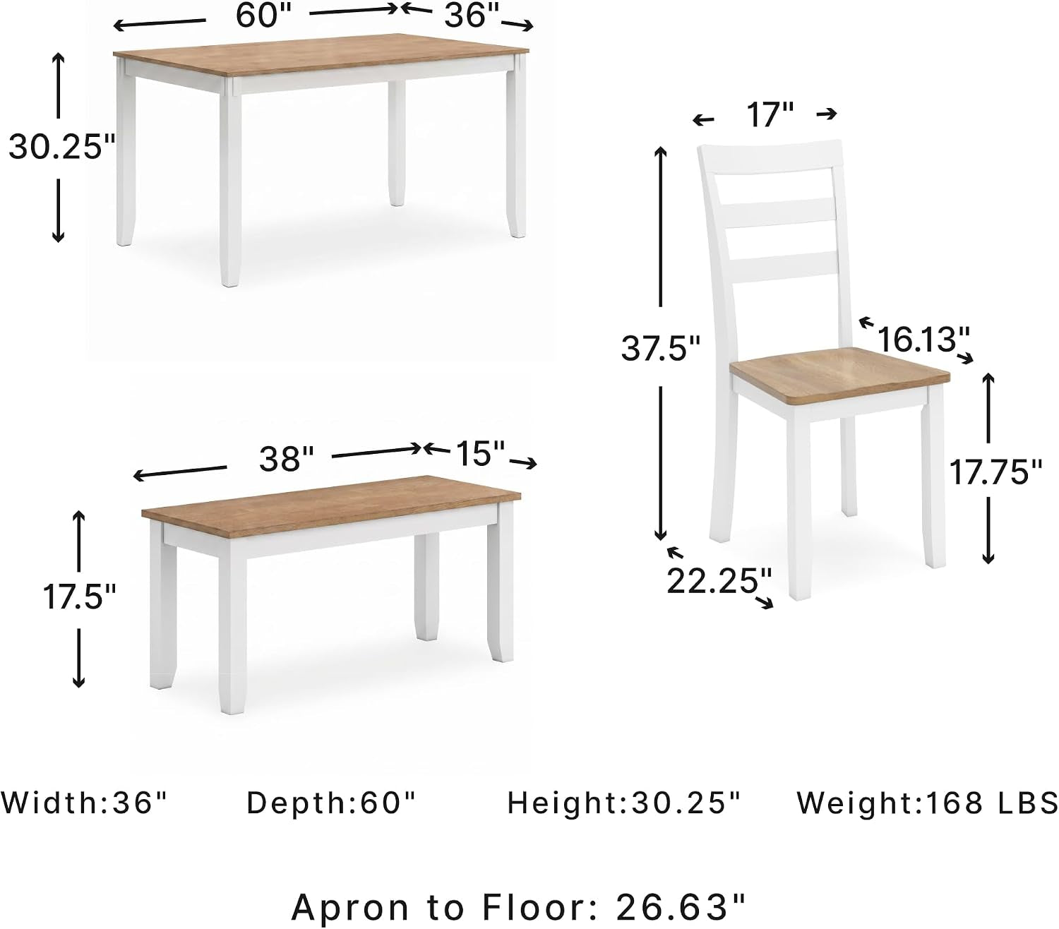 Dimension diagram showing table (36" W x 60" D x 30.25" H), bench and chair measurements with labeled inches