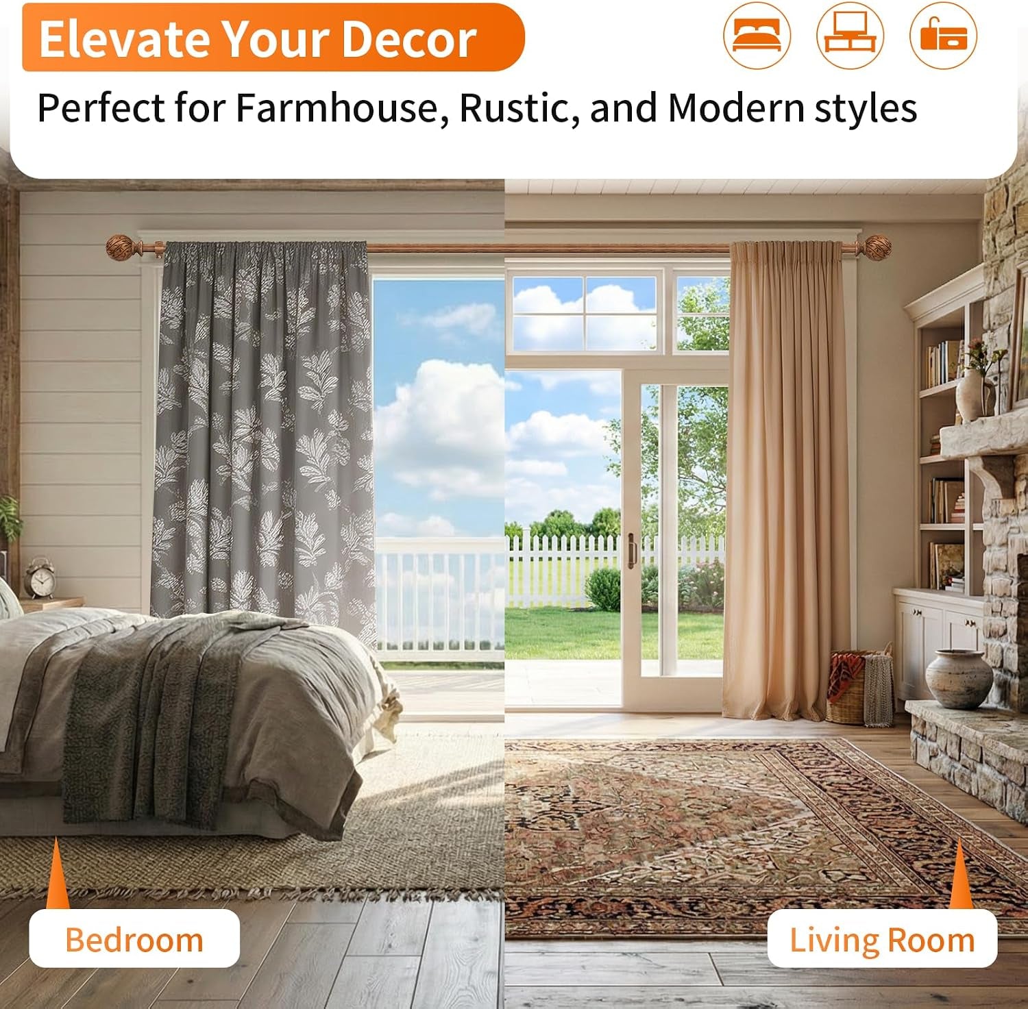 Split room view showing a bedroom (left) and living room (right) using the same wood-grain curtain rod with different