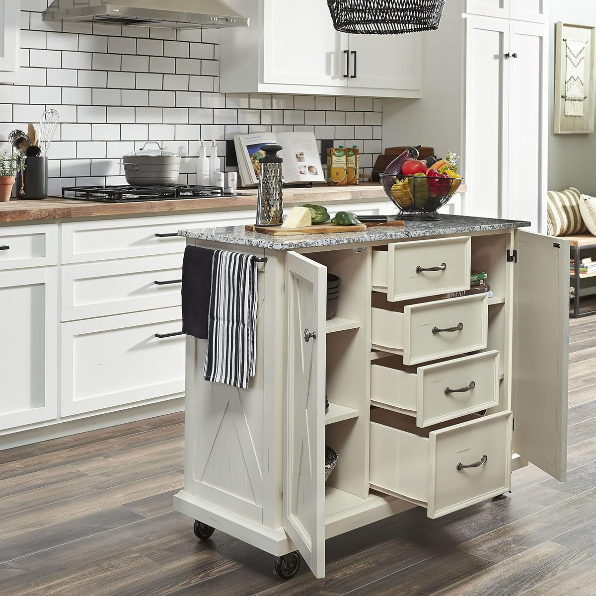 Side view of cart with cabinet doors open revealing adjustable shelves and four stacked center drawers