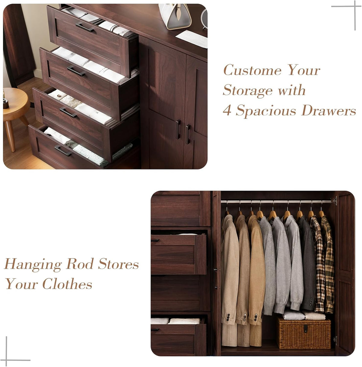 Collage closeups of four drawers extended and a hanging rod loaded with jackets inside the wardrobe