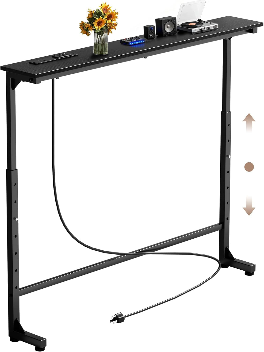 Single black console table with an inset power panel, black frame and trailing cord on a white background.