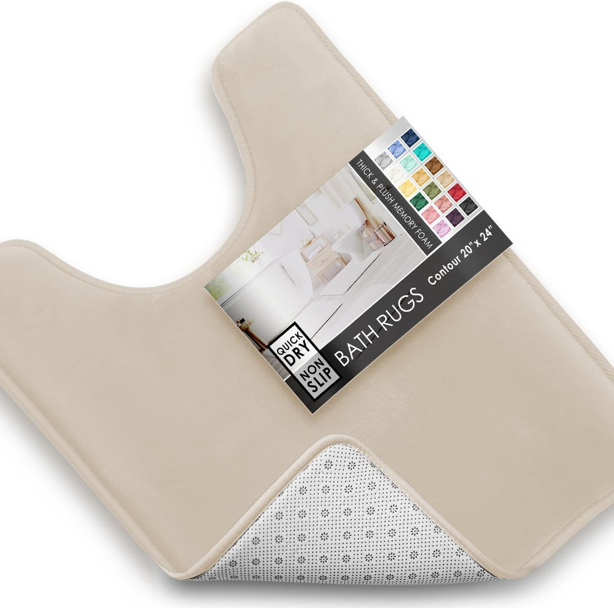 Top-down close crop of a cream U-shaped contour mat with its corner peeled to reveal patterned non-slip underside and label