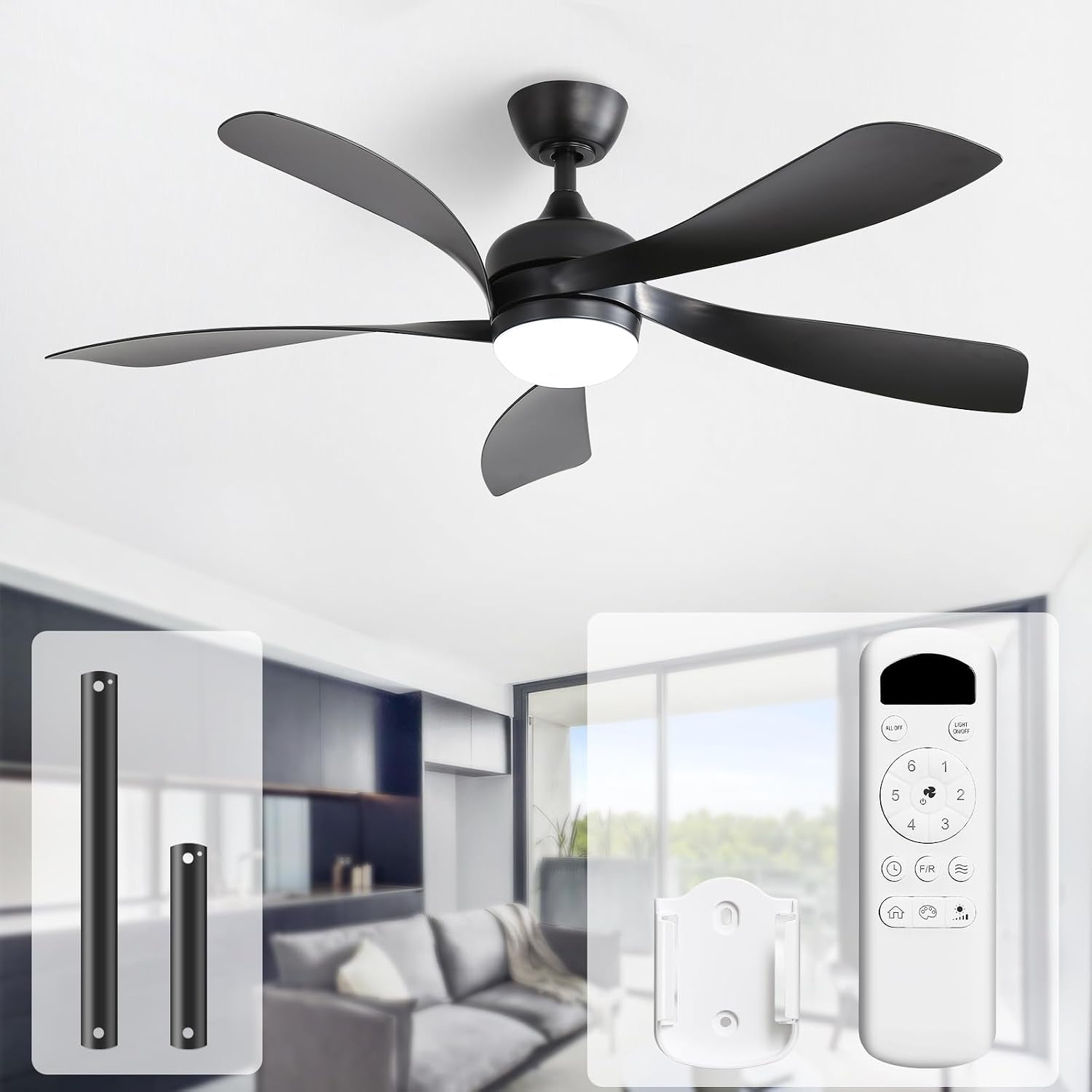 Matte black 52" ceiling fan installed in a living room with remote and downrods shown