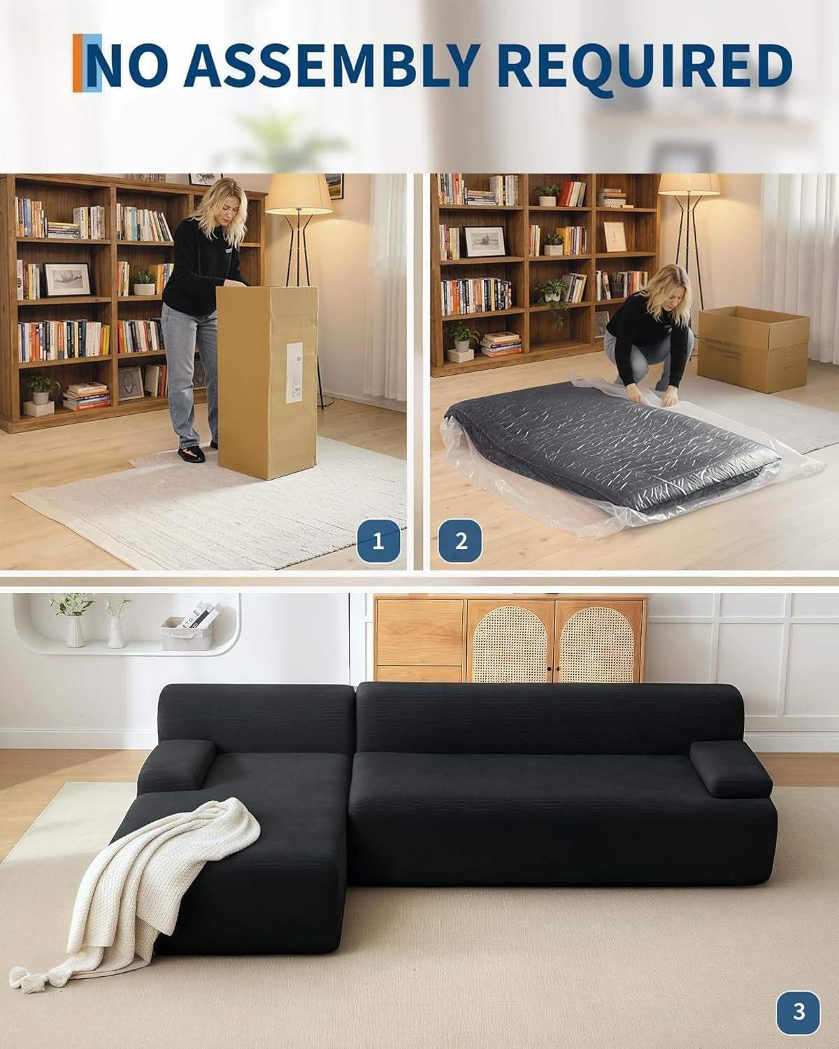 Oversized 108" Corduroy Cloud Sectional, Left-Facing Chaise Boneless Modular Sofa, Soft Deep Lounger for Living Room, No Assembly Needed
