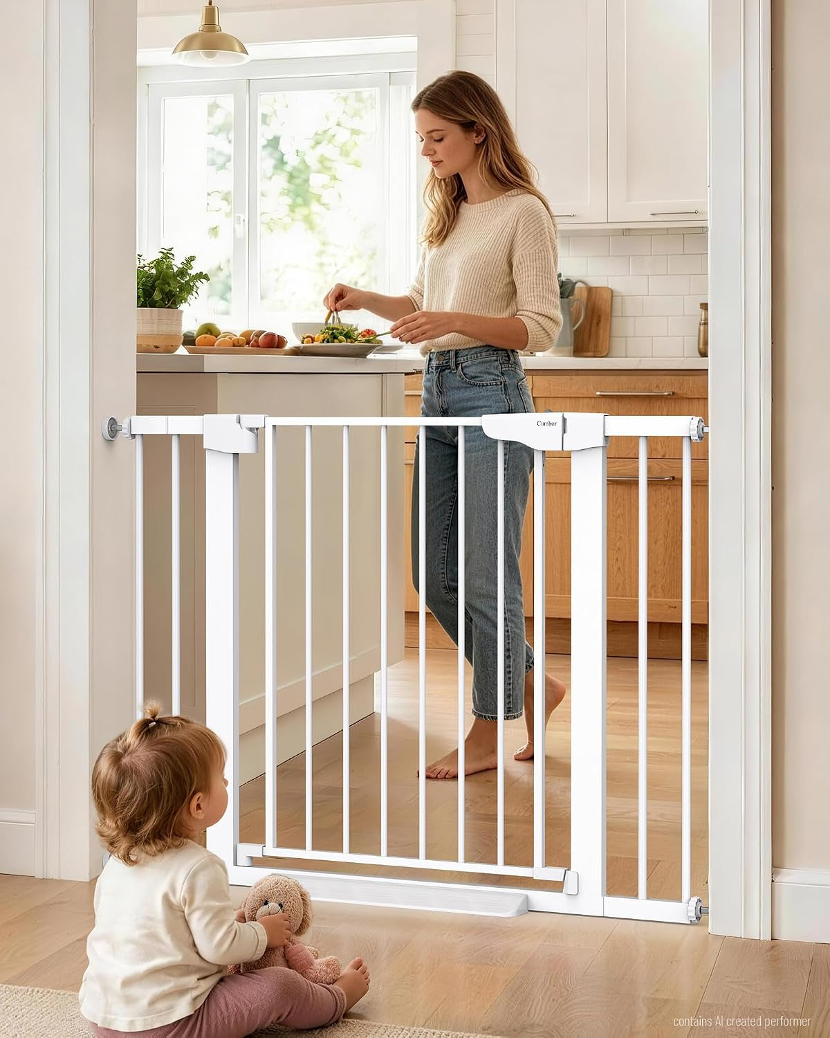 White safety gate mounted in a doorway with a woman preparing food in the kitchen and a child sitting on the floor.