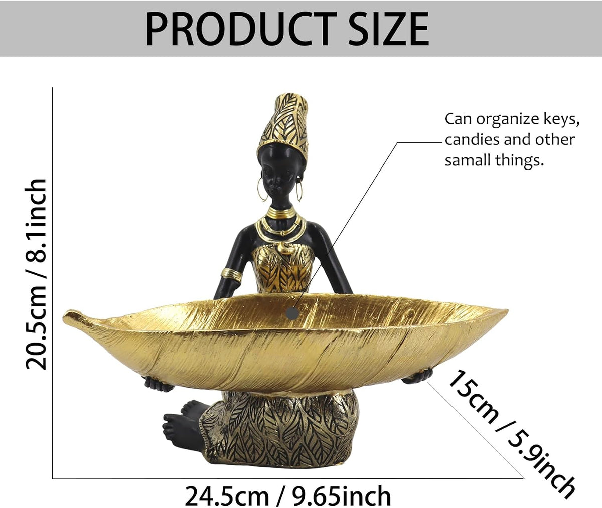 White product size diagram showing the African woman tray statue with labeled tray and height dimensions