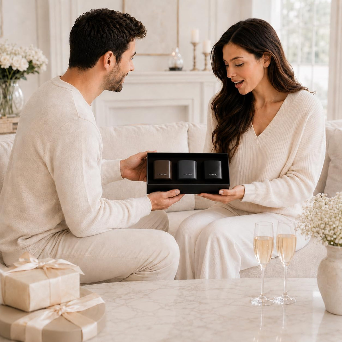 Man presenting an open box of three matte square candles to a surprised woman seated on a cream sofa.