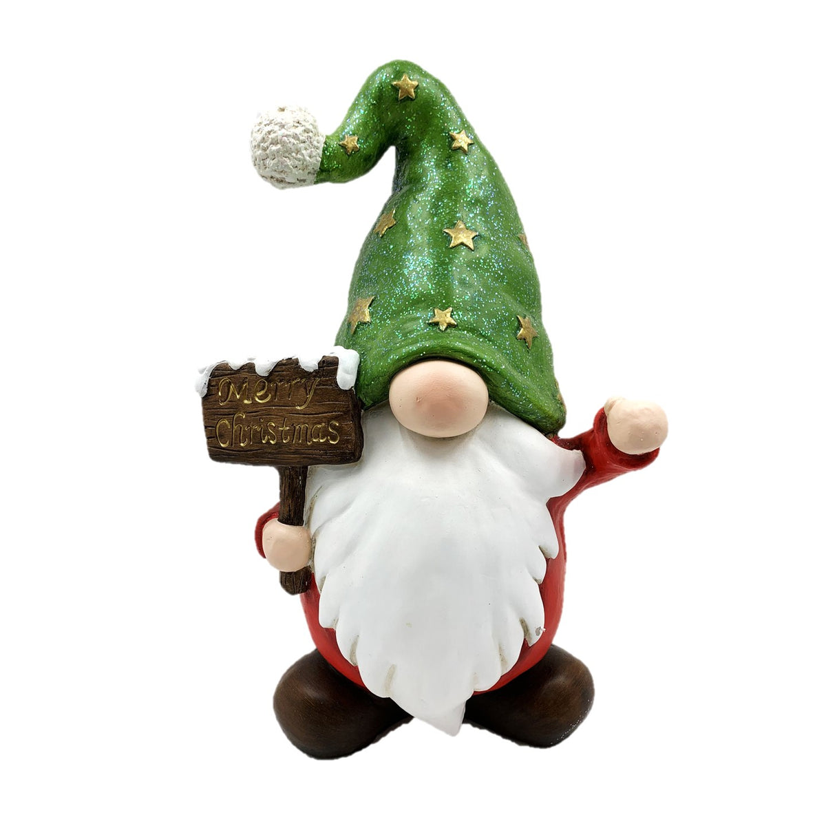 Christmas gnome with a glittery green star hat, white beard, red coat, and wooden sign.