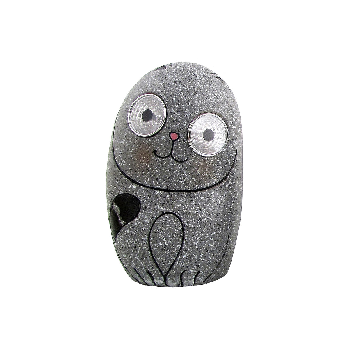 A speckled gray cat ornament with oversized round eyes and a simple line-drawn face on white.