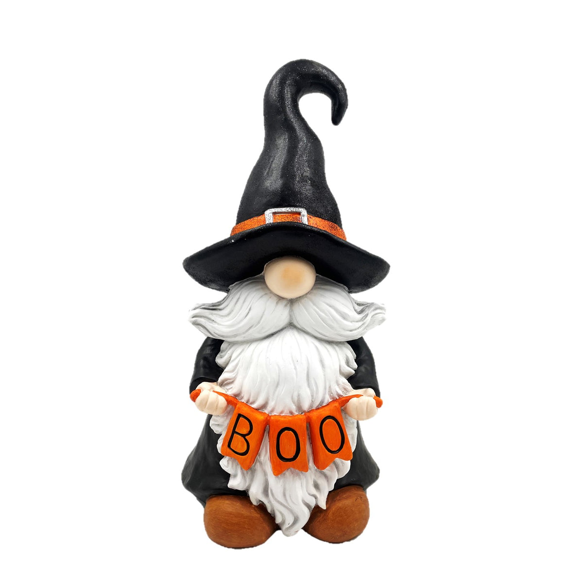 Halloween gnome witch with black hat and orange BOO sign, front view on white background