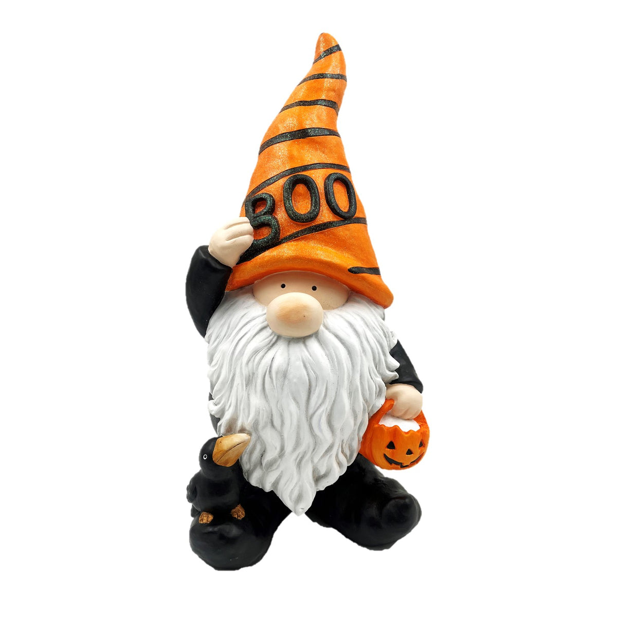 Halloween garden gnome with an orange striped hat on a white background