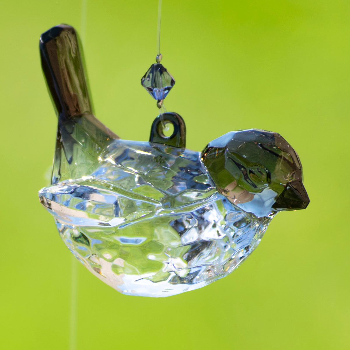 A clear faceted bird ornament with a dark head and tail hangs against a green background.