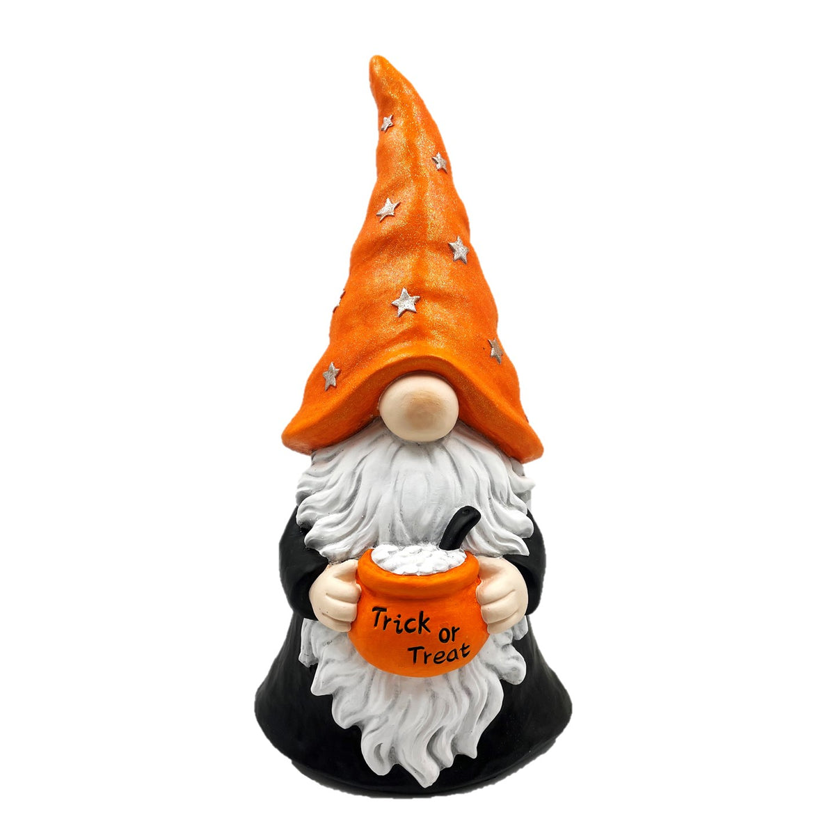 Halloween gnome statue with an orange starry hat and black outfit on a white background