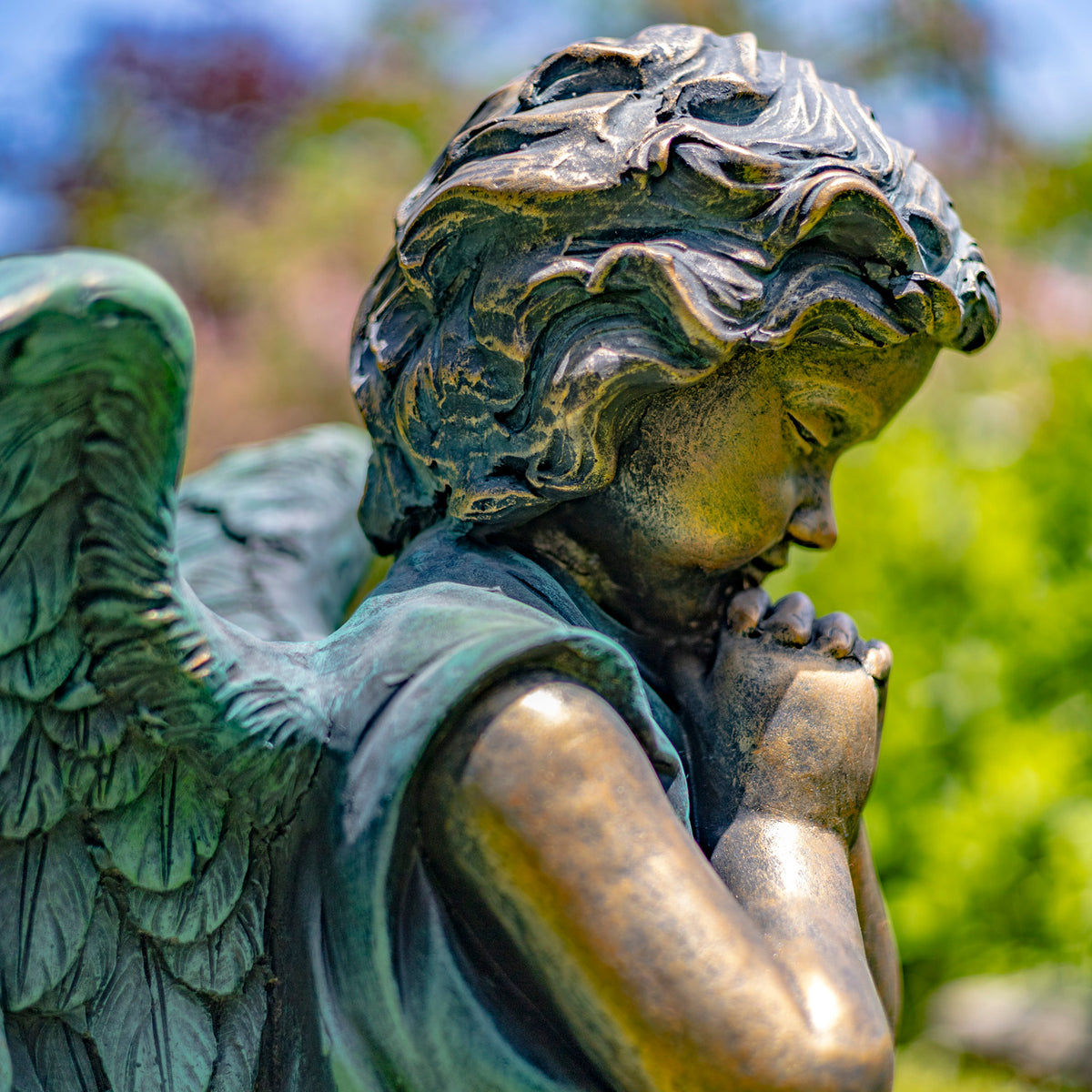 Close view of a praying angel statue’s face, clasped hands, and textured wing against blurred greenery.