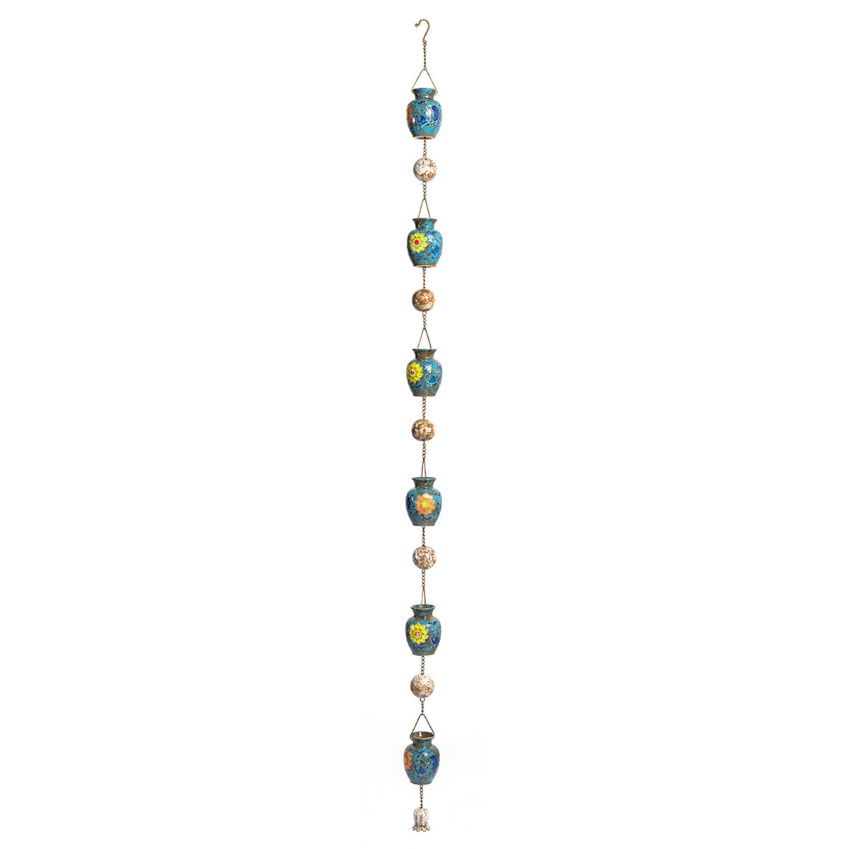 The complete decorative rain chain hangs vertically, alternating blue patterned vessels with textured gold-colored beads.