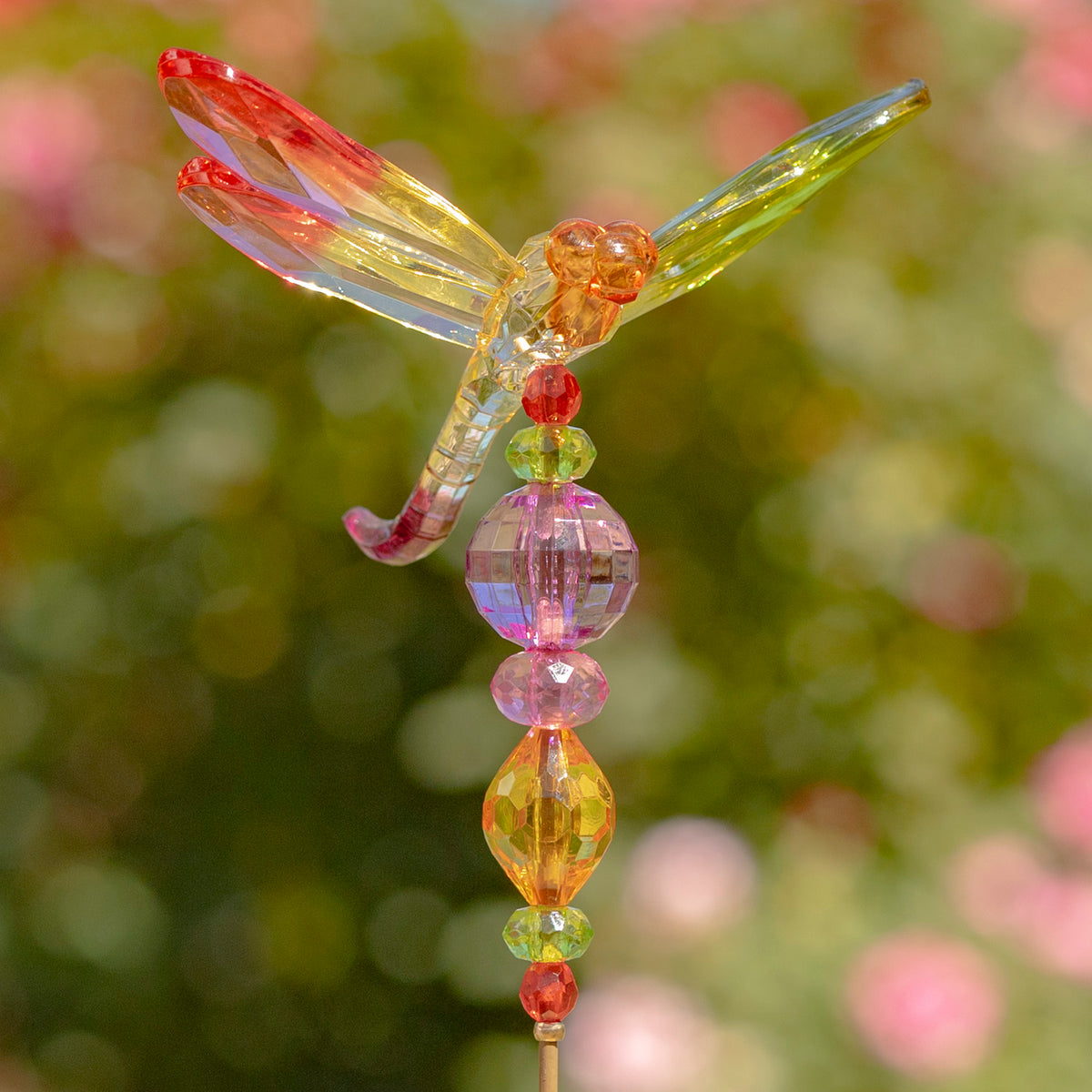 Close-up of a translucent dragonfly stake with red, yellow, green and pink wings and colorful beads.