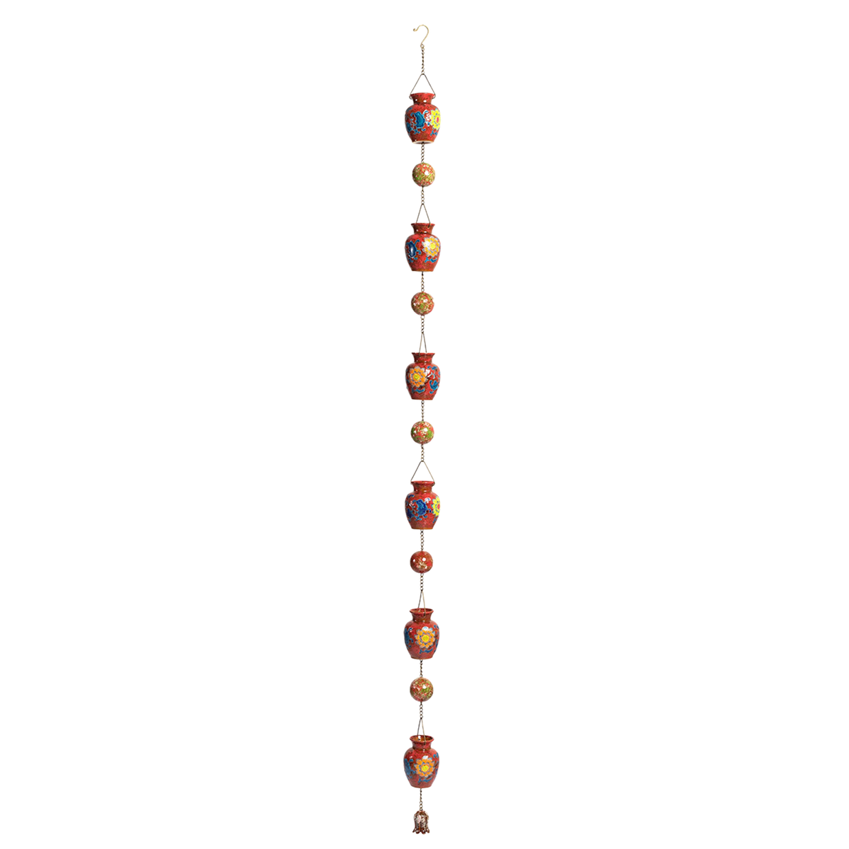 A long hanging chain of colorful patterned porcelain vases and round beads on a black background.