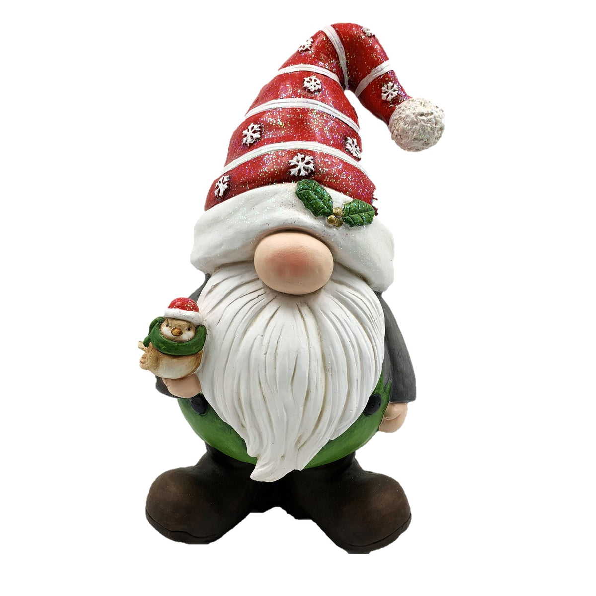 Garden gnome with a long white beard, red snowflake hat, green outfit, and a small bird perched on one hand.