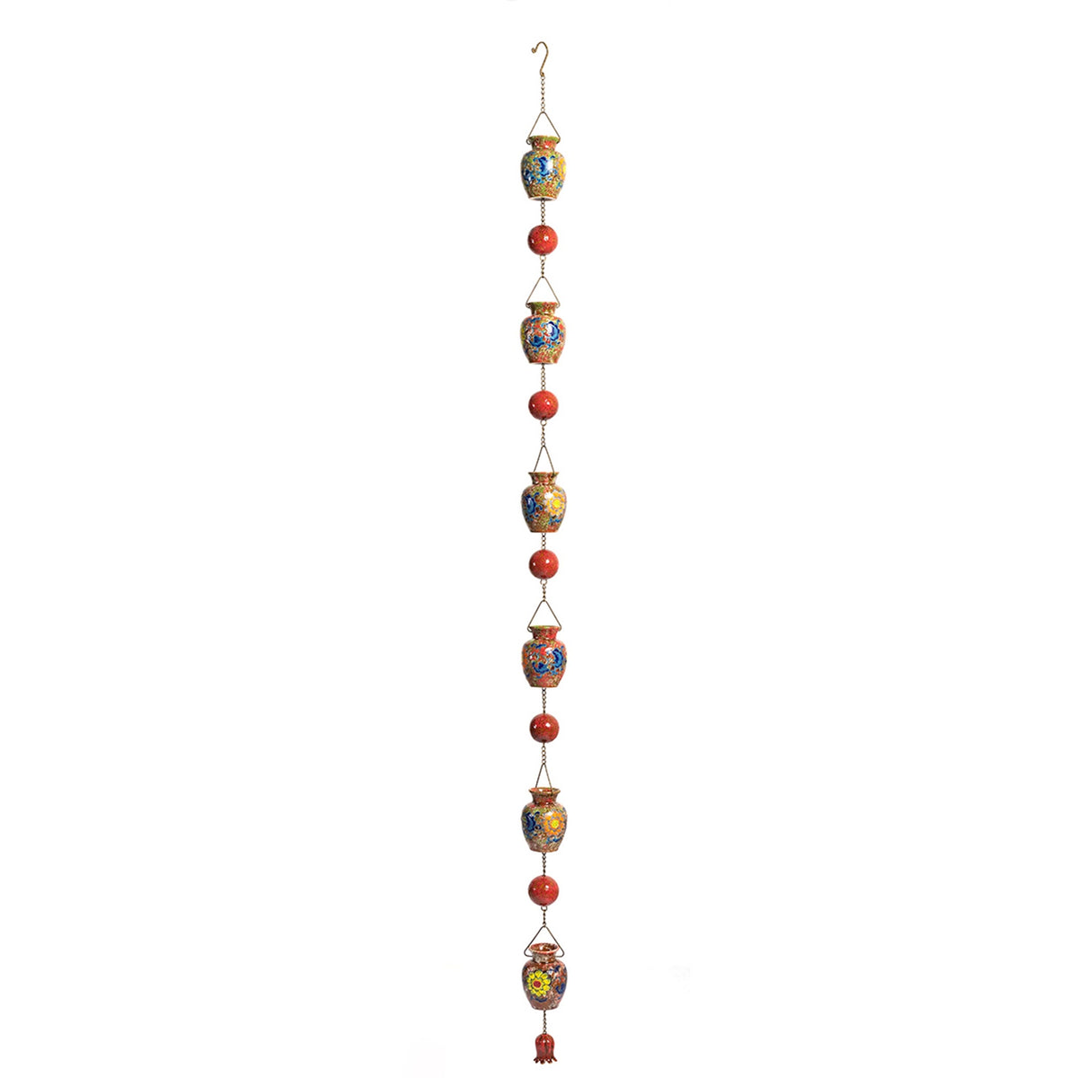 The complete decorative rain chain hangs vertically against a white background, with painted vases alternating with red