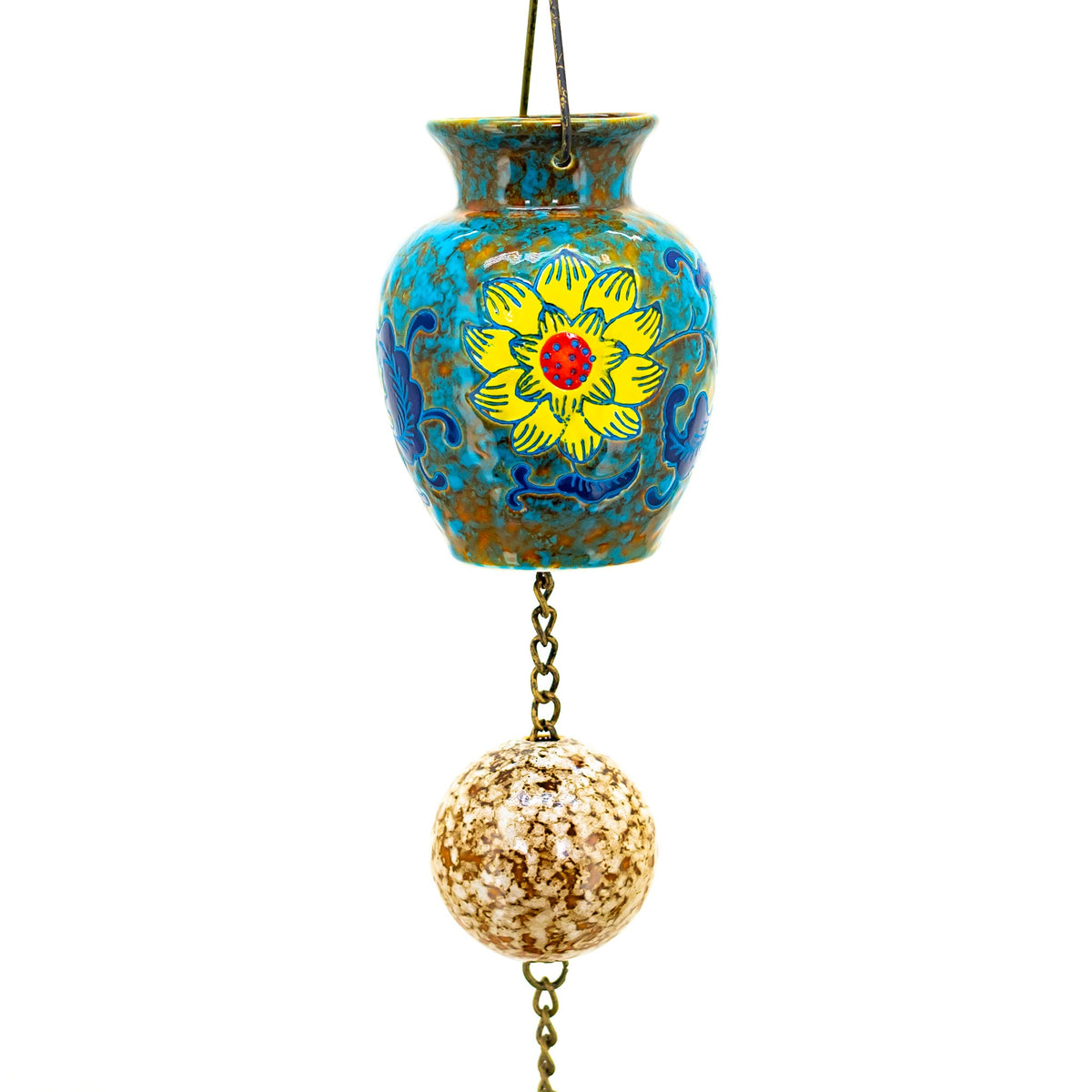 A painted floral vessel and speckled round bead are linked by short sections of chain.