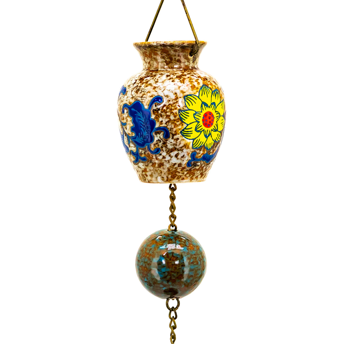 A painted floral vase-shaped link and blue-brown glazed bead fill the close-up against white.