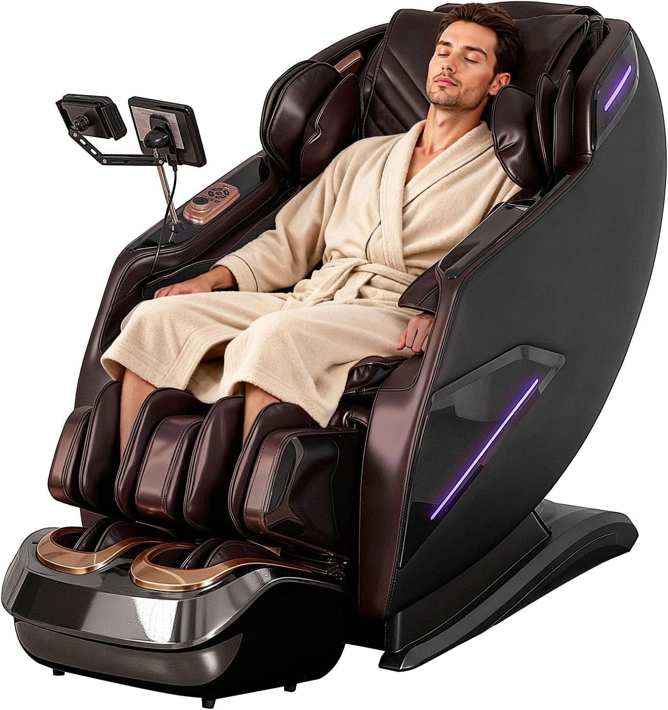 Brown full-body massage chair angled front view with a person reclining and visible footrest and armrests.