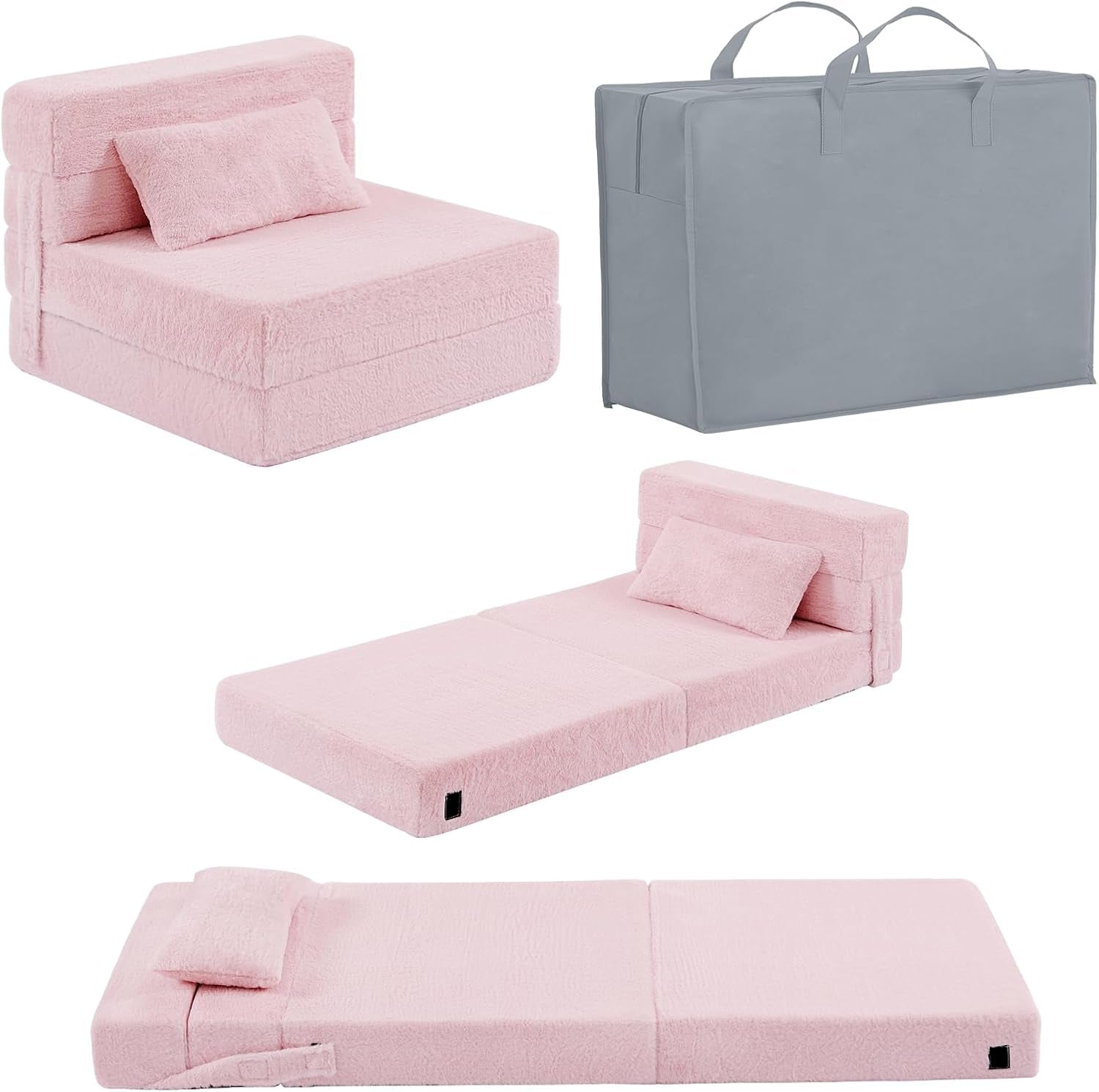 Pink folding foam kids sofa shown as chair, unfolded bed, flat mat, with pillow and gray storage bag.