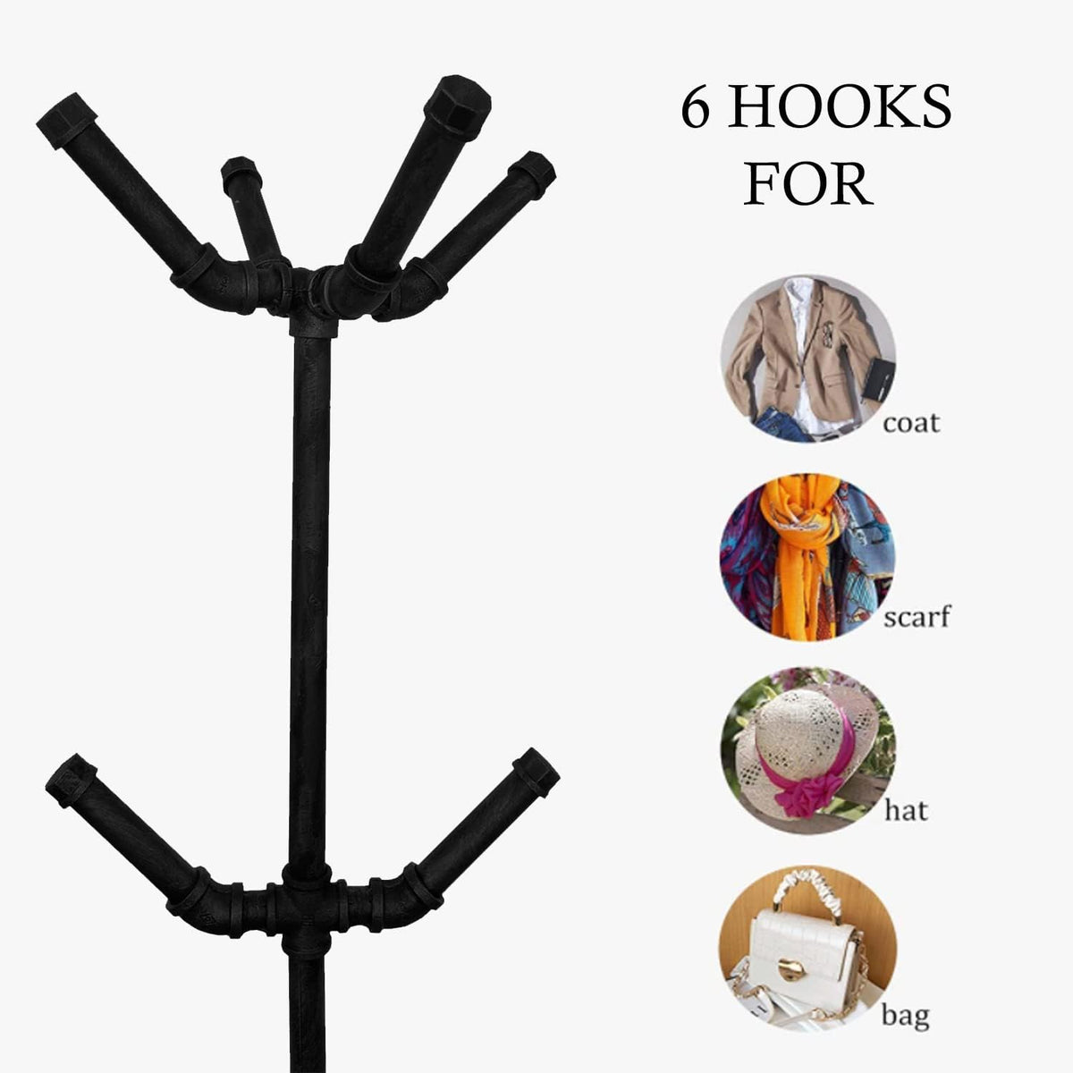 White-background close-up showing the six angled hooks on the rack with icons for coat, scarf, hat and bag