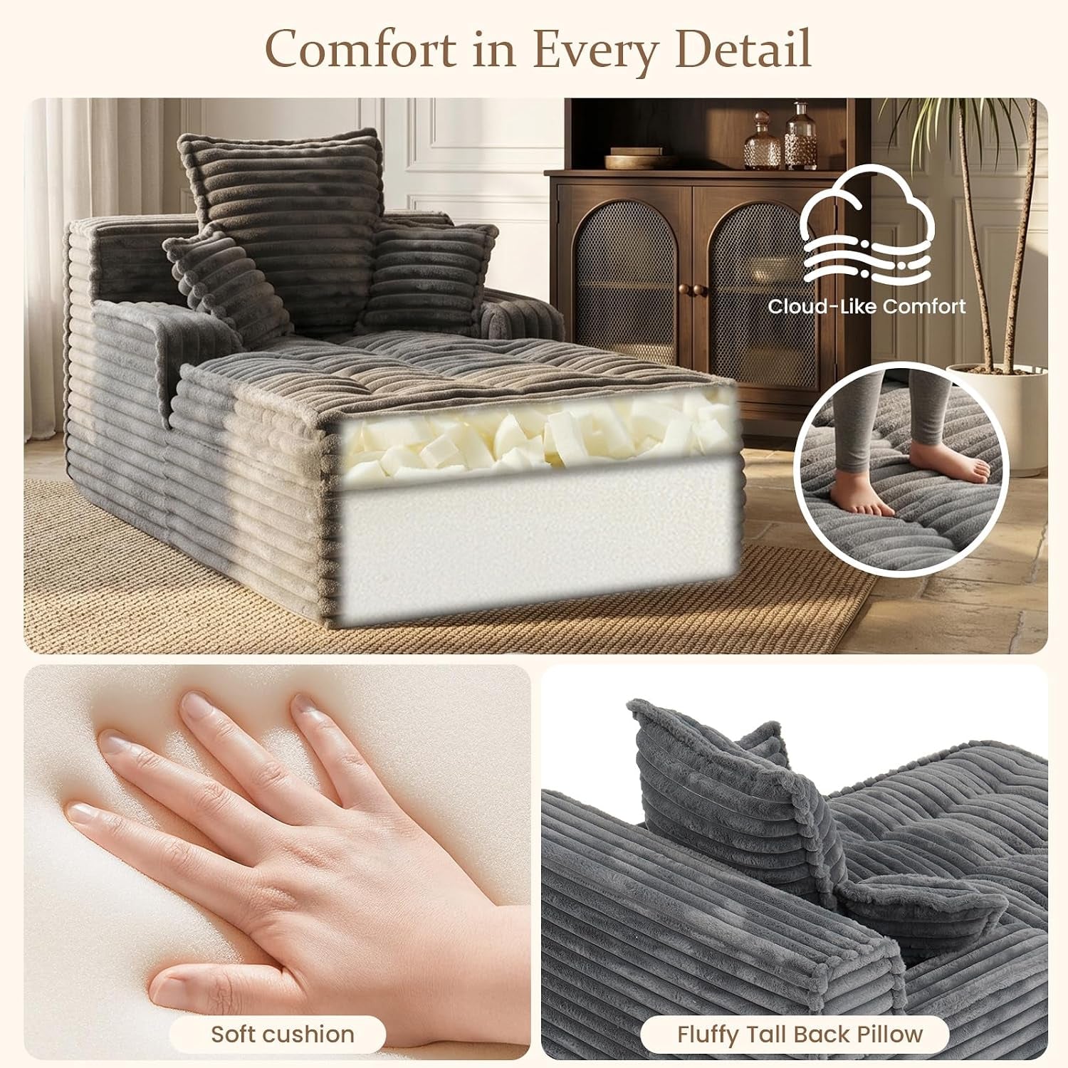 Cutaway of chaise showing foam layers, plus close-ups of soft cushion and tall back pillow.