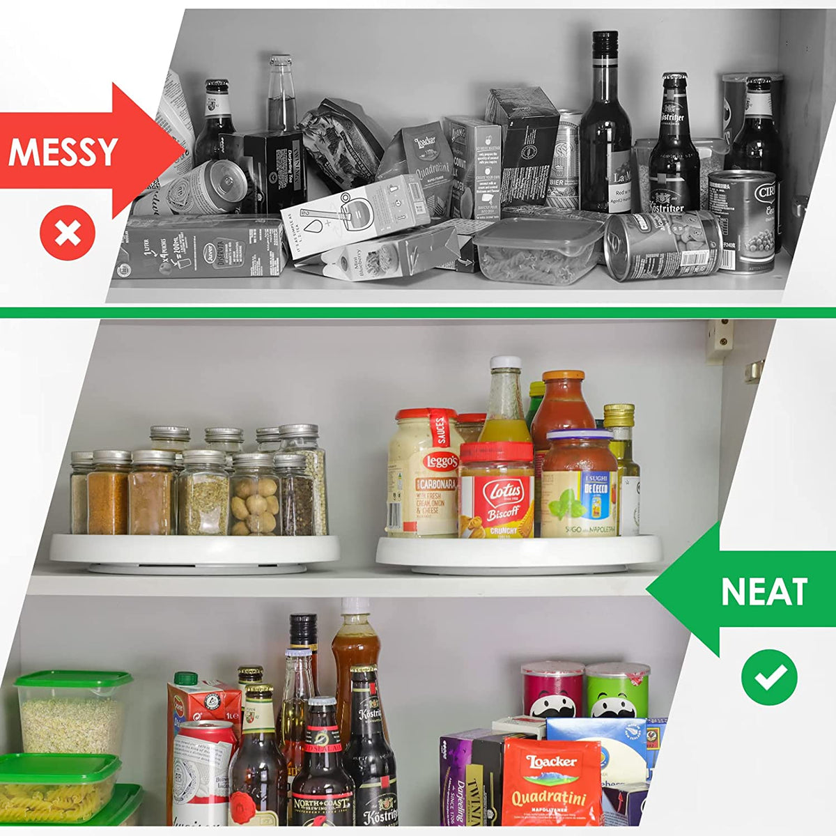 Two white-rim turntables placed inside a pantry cabinet holding spice jars and bottles for neat organization