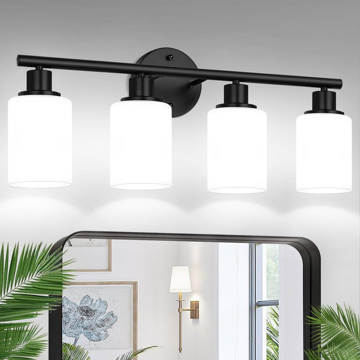 Four lit black vanity lights with frosted-looking cylindrical shades above a mirror