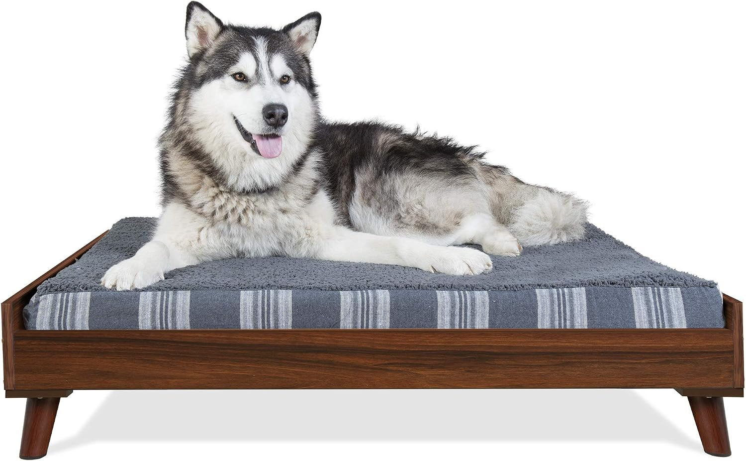 Low-profile warm brown wood dog bed frame with gray striped mattress and a husky lying on top