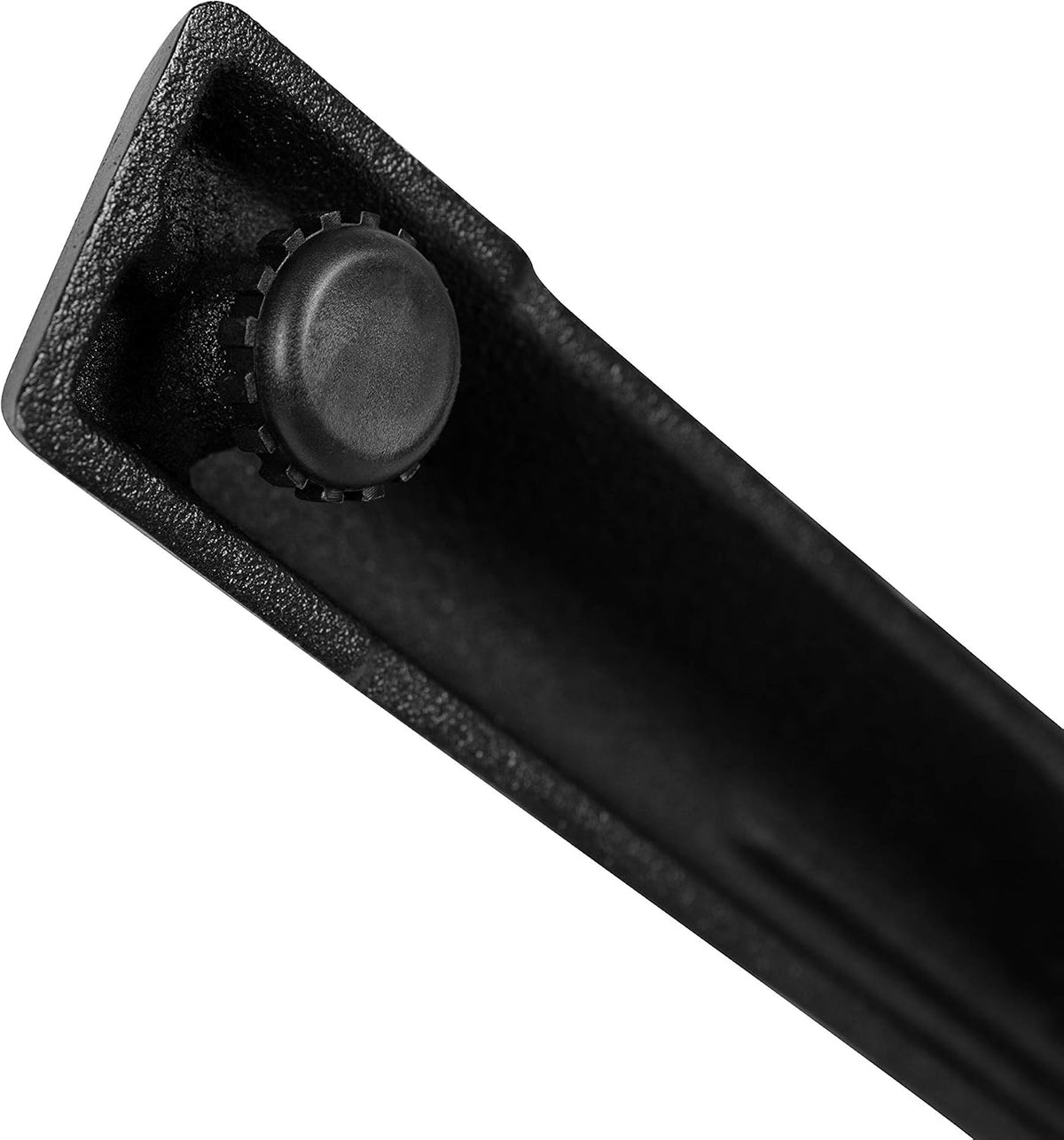 Close-up of black cast-iron X-base arm showing screw-in adjustable floor glide and textured finish
