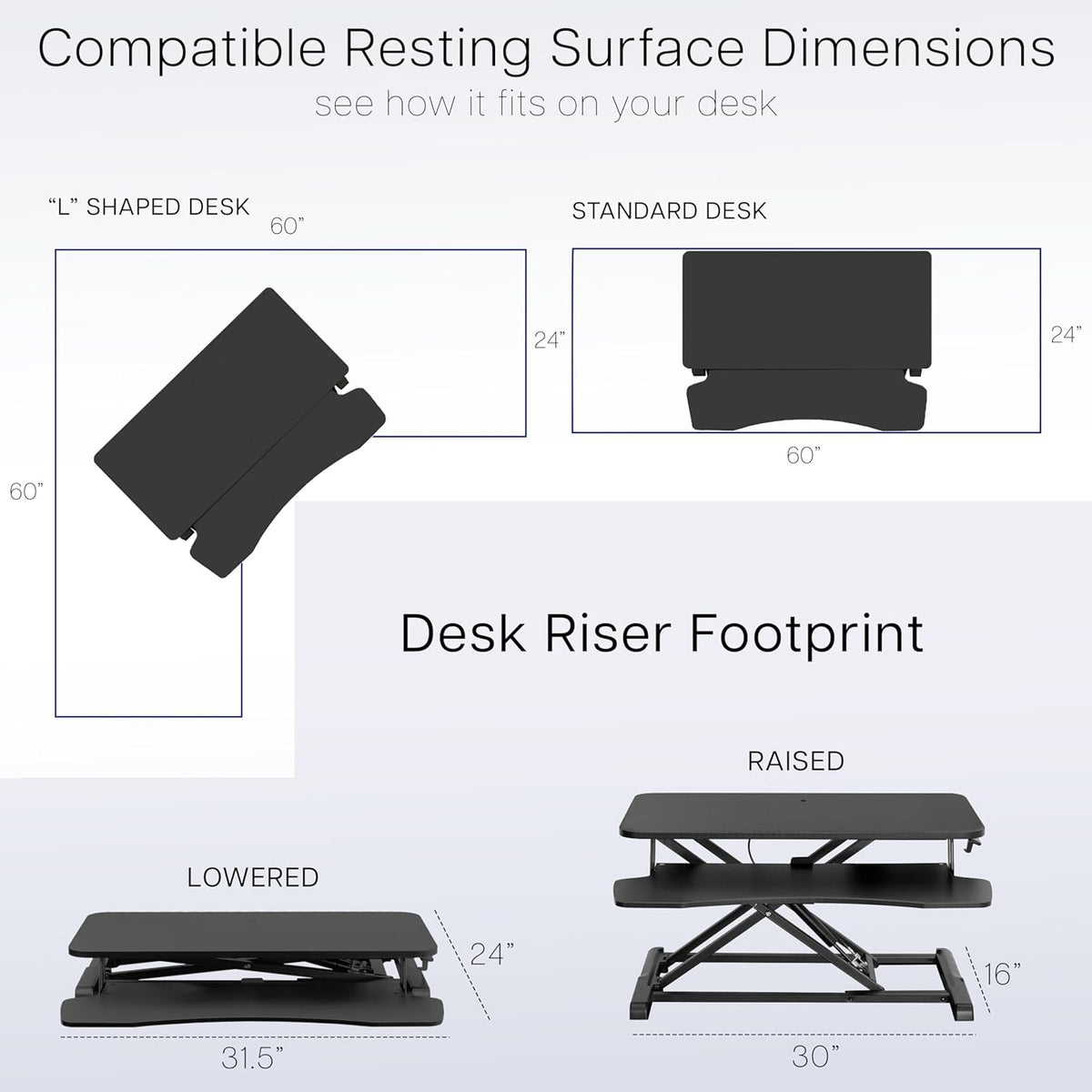 Top-down and front diagrams showing desk riser footprint and lowered vs raised silhouettes for placement.