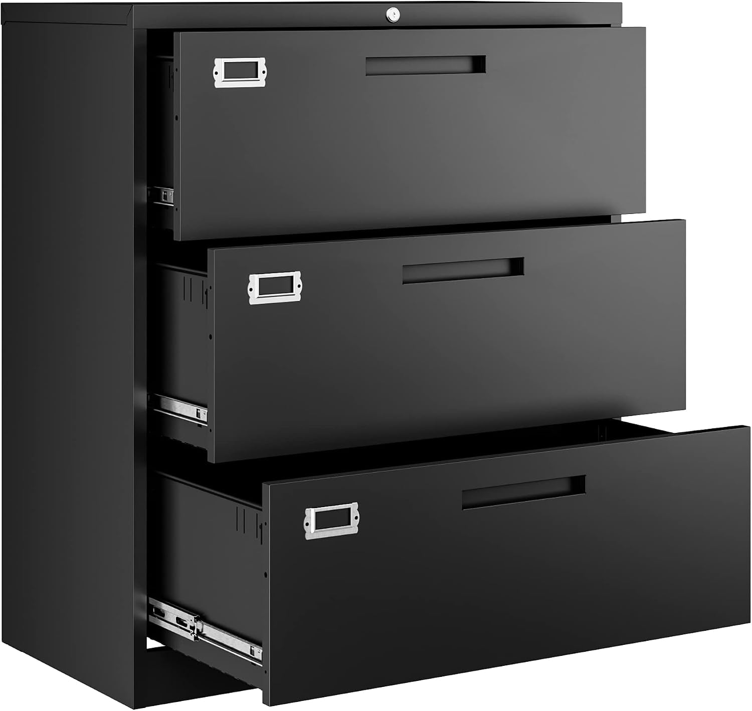 Close three-quarter view of the cabinet with three wide drawers partially extended, showing metal label holders and drawer