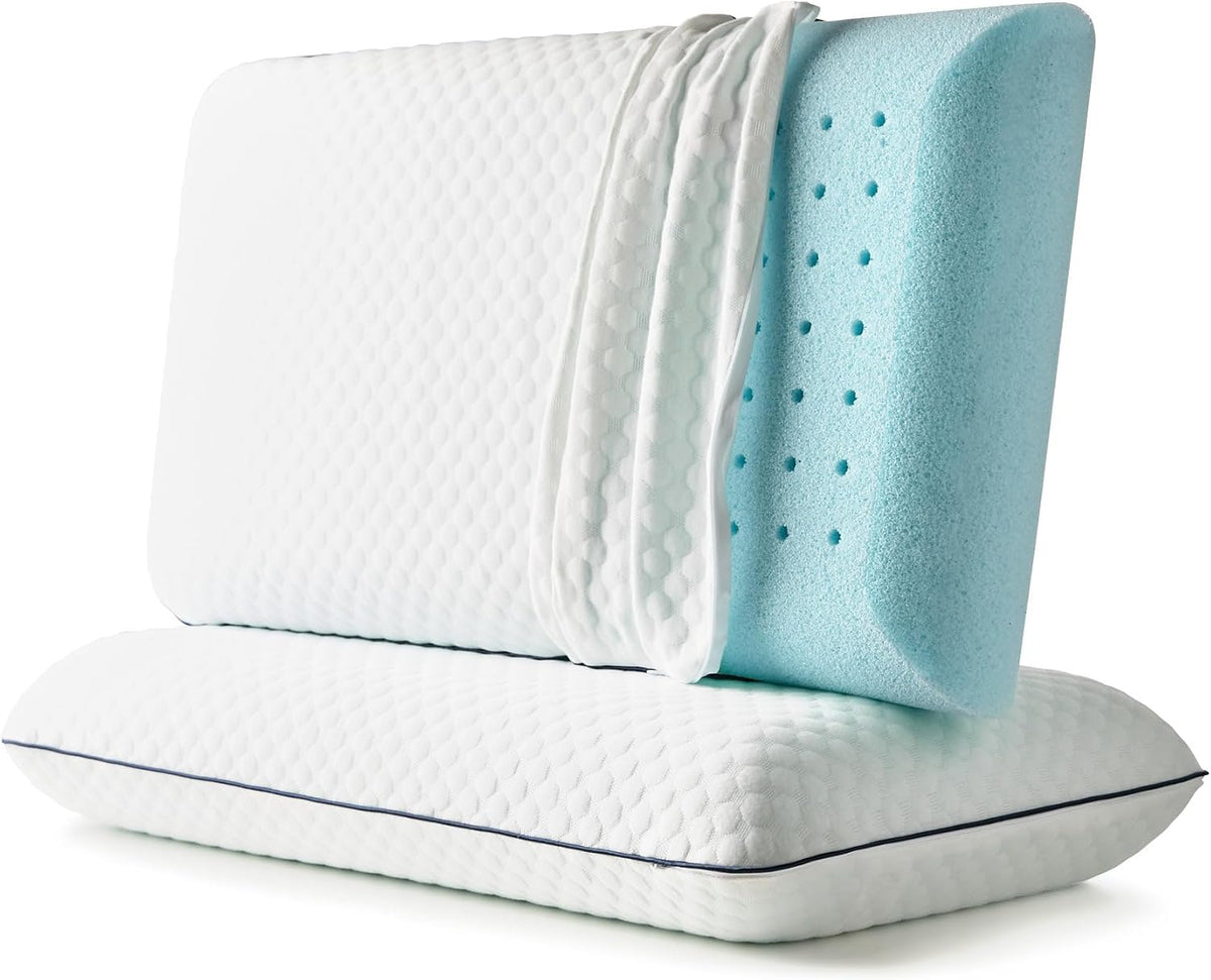 Two gel memory foam pillows, one upright with the cover pulled back to show ventilation holes in the foam