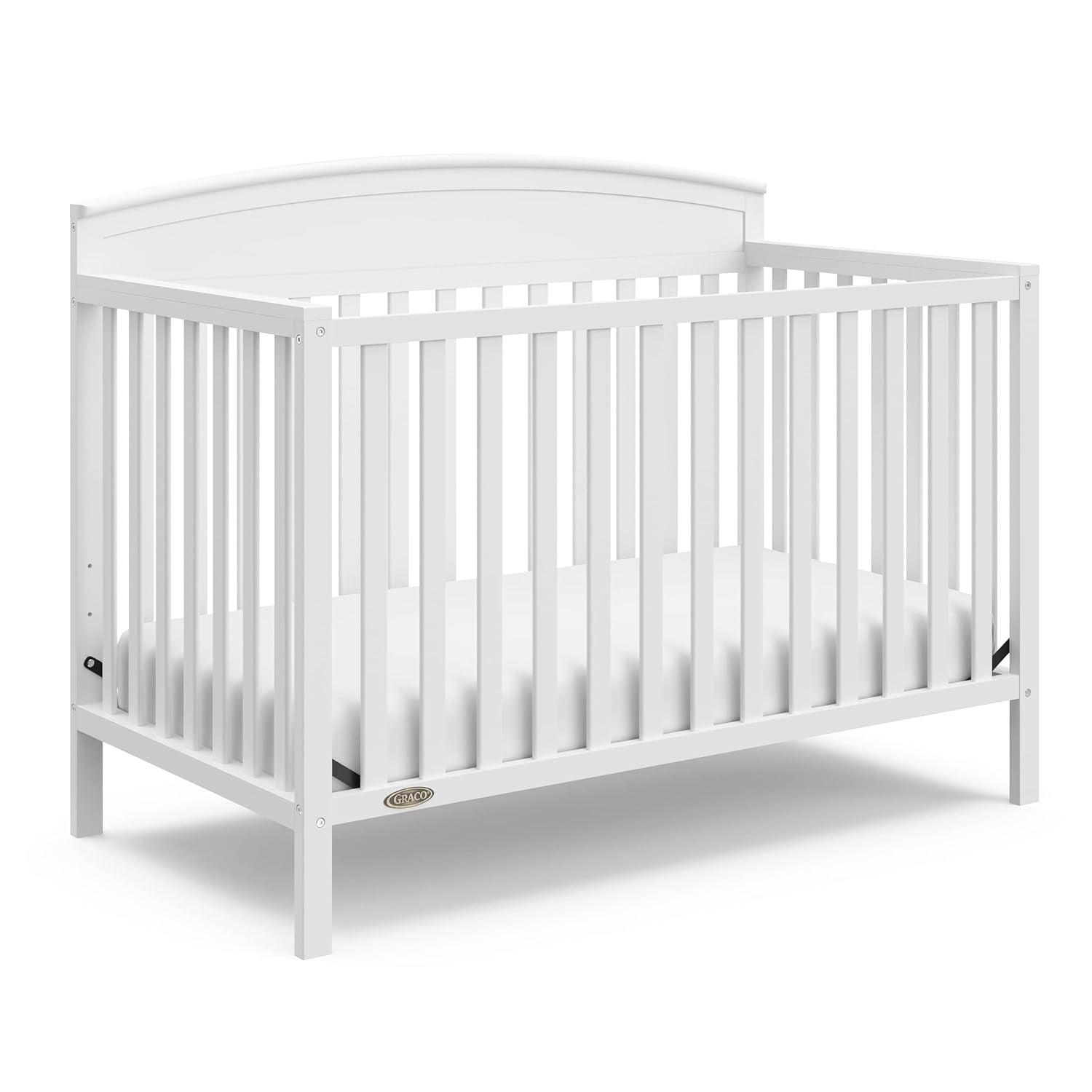 White convertible crib shown at a three-quarter angle on a plain background