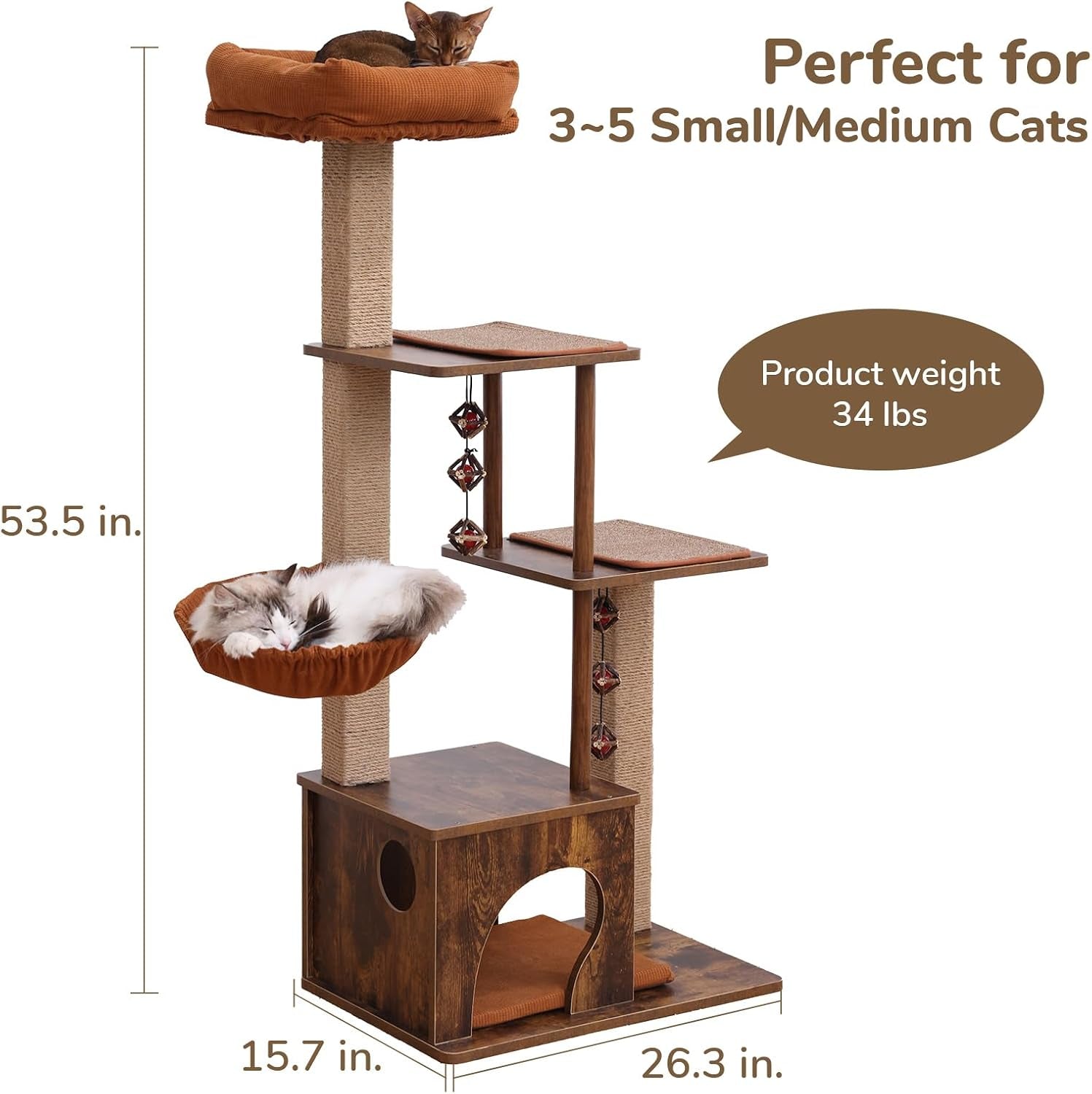 Tall 4-tier cat tree with hammock and top perch shown next to a height diagram marking 53.5 in and a cat on the top