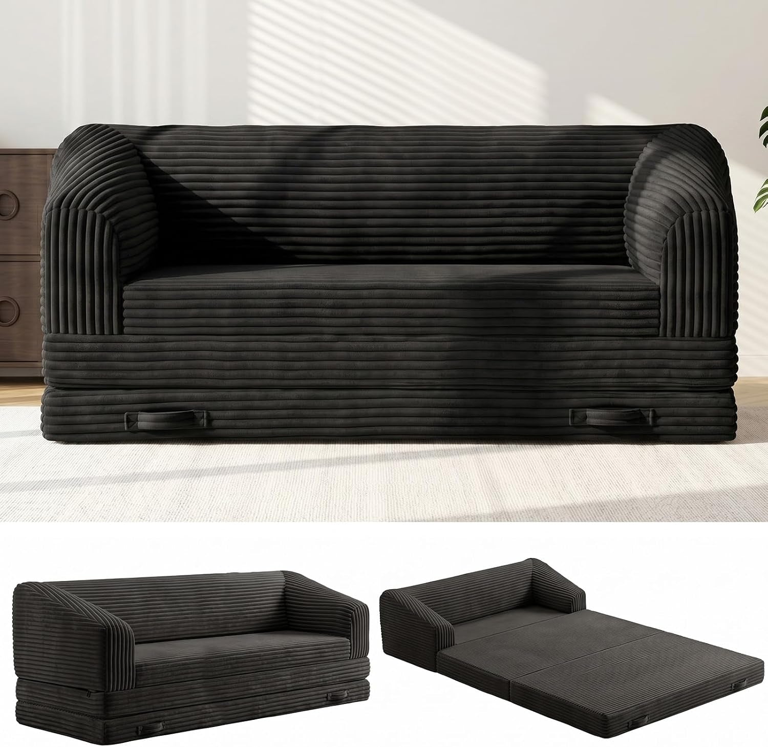 Front-facing view of a black ribbed corduroy loveseat on a light rug with small thumbnail images showing it folded and