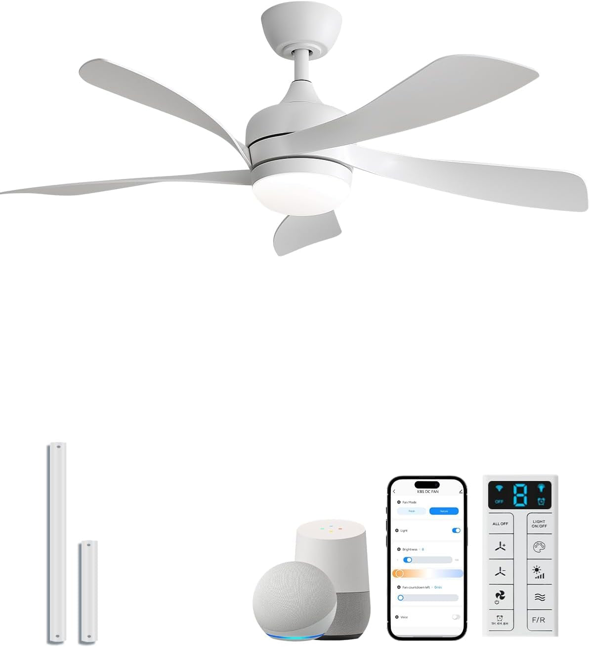 White five-blade ceiling fan with integrated round light shown against a white background.