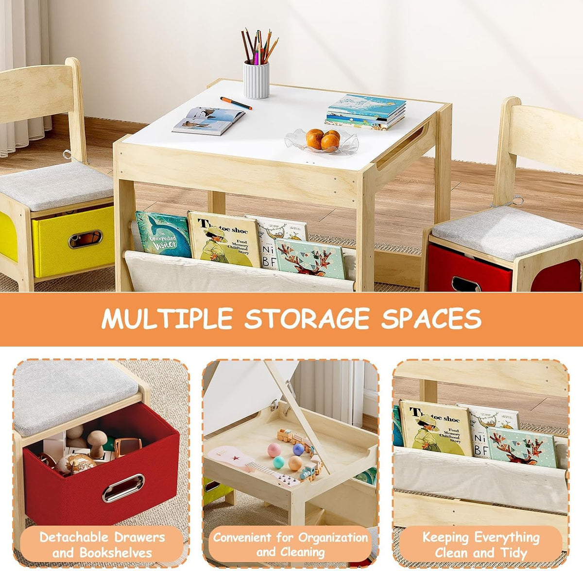 Top-down view of the square kids table with two cushioned chairs, books in a front pocket and red/ yellow fabric drawers.